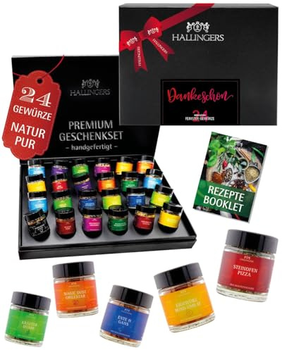 Hallingers Genuss Manufaktur Gewürze Geschenkset Danke – 24 Premium Gewürze aus aller Welt im Glas, edle Geschenkbox, Gewürze Set Dankeschön, Geschenkidee für Männer, auch zu Weihnachten