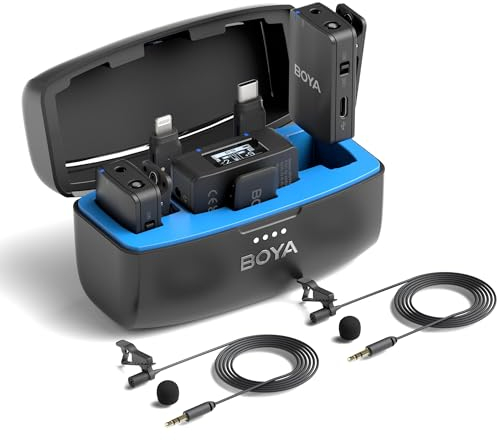 BOYAMIC Drahtloses Lavalier-Mikrofon für iPhone Android Smartphone Kamera, Onboard-Aufnahme, 200M Reichweite, Clip auf drahtloses Ansteckmikrofon für Live Streaming Video Podcast Aufnahme