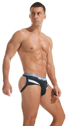 SKYSPER Hombres Jock Strap Athletic Supporter para Hombres Sexy Jockstrap Ropa Interior Masculina, PE01-Negro, XXL