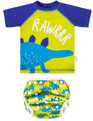 babygoal Baby Boy Swimsuit 2-Piece for 12-36 Months Toddlers, Bathing Suit Swim Diaper with Top Short Sleeves for Swim Lessons and Beach-Dinosaur Design