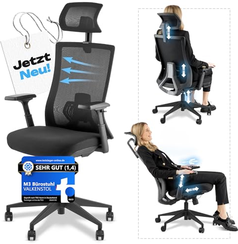 VALKENSTOL M3 Pro Bürostuhl Ergonomisch Testsieger 3D verstellbare Armlehnen | Schreibtischstuhl mit Lendenwirbelstütze Rückenschonend | PC Stuhl mit Verstellbarer Sitztiefe für gesundes Sitzen