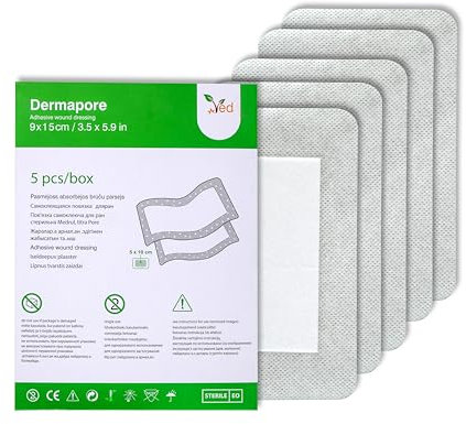 Medicazione adesiva VED Dermapore per ferite - Adatta per tagli ed escoriazioni, ulcere venose delle gambe, piccole piaghe da decubito - Media (9X 15cm (Pack of 5))