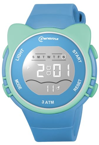 OFFCUP Orologio Digitale per Bambini, Orologio da Polso per Ragazzi e Ragazze, Orologio Sportivo a Cartoni Orecchie da Gatto Impermeabile, Orologio Bambina con Sveglia Data Cronometro LED -Azzurro