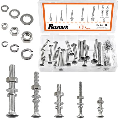 Rustark 80 pezzi 5 dimensioni Viti a testa tonda in acciaio inox 304 con attacco quadrato, set di viti con dado e rondelle, argento, metriche, viti per catena di porta