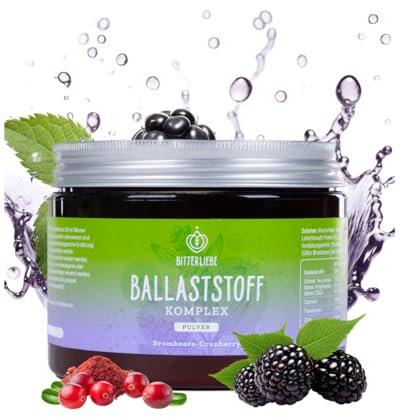 BitterLiebe Ballaststoff Pulver mit Brombeere Geschmack - Mix aus Flohsamenschalen gemahlen, Inulin (Präbiotika), Apfelfaser und Akazienfaser - Multi Ballaststoff Komplex, die perfekte Darmkur - 300g
