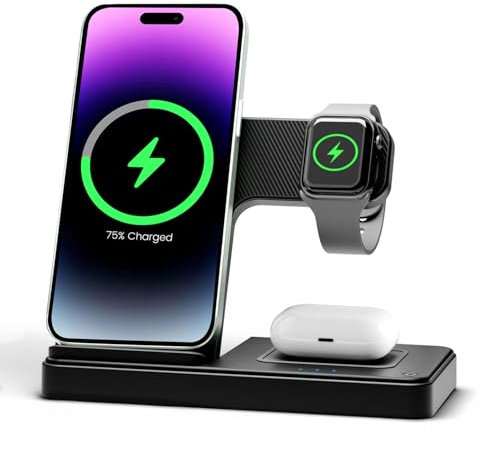 Chargeur Induction pour iPhone 3en1: Station de Charge pour iPhone 16e 16 15 14 13 12 11 Pro Max pour Apple Watch Series 10 à 2 SE Ultra pour AirPods Pro 2 3 4, Chargeur sans Fil pour Bureau Maison