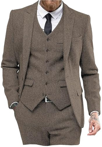 Costume de mariage 3 pièces en tweed à chevrons pour homme, marron clair, Taille M