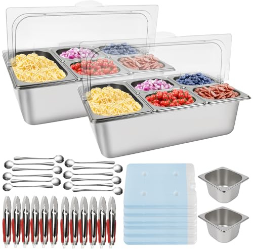 Kalolary 2 Sets 7 Pans Pizza Topping Station with Ice Boxes Spoons Clips | Stainless Steel Spice Organizer Buffet Containers Set for Sauce Ingredient Kitchen Bar Restaurant Pantry