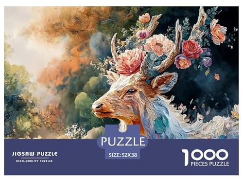 Deer_with_Colorful_flowears 1000 Pcs Carton Extra-épais Lot de Puzzles Deer with Flower Stimulant Et Éducatif Jeu Familial Puzzles As Birthday Gifts 52x38cm/1000pcs