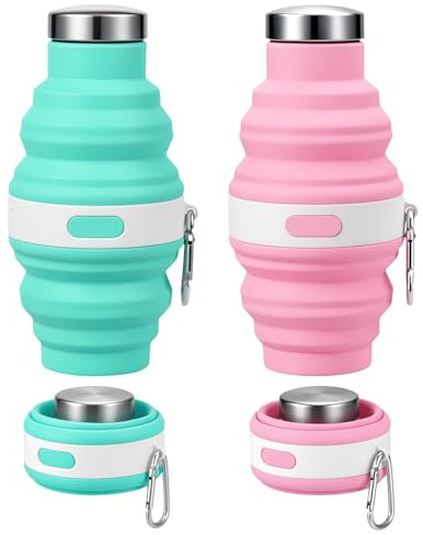 Huiguli Gobelet Pliable en Silicone 2 Pièces 475ml, Étanche et Anti-Choc | Gourde Pliable avec Mousqueton, Gourde Souple en Silicone, Idéal pour Voyage, Camping, Randonnée (Rose + Bleu Clair)