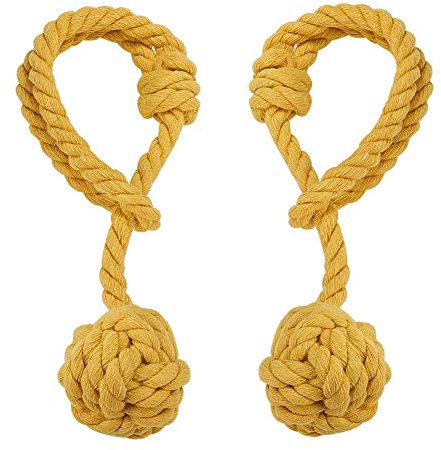 INCREWAY Hand Knitting Window Curtain Tiebacks,Decorative Window Curtain Tie,Cotton Rope Holdbacks with Single Ball (1 Pair, Yellow)