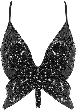 Mocure Women's Sparkly Butterfly Sequin Crop Top - Sleeveless, Sexy, Trendy Halter for Belly Dance & Rave Outfits