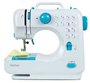 PRIXTON Tragbare Nähmaschine P110 | 12 Stiche, mit Batterie- oder Netzbetrieb, Schublade für Zubehör, LED-Licht, Pedal, Doppelfaden, Rückwärtsnähfunktion, 2 Geschwindigkeitsstufen, Elektrisch, Blau