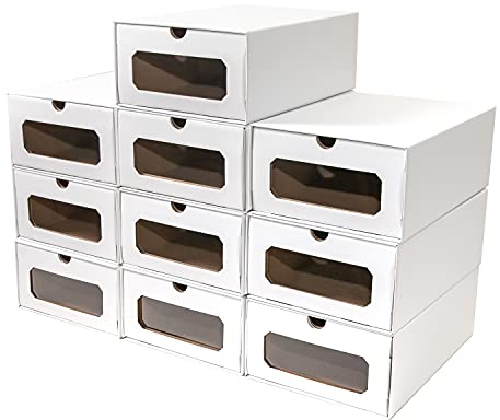10 x PresentFill® Aufbewahrungsbox Weiß Schuhbox Schuhkiste Schuhschachtel Schuhkarton Ordnungsboxen durchsichtig transparent Sichfenster stapelbar aus Pappe Schuhaufbewahrung Schuhorganizer