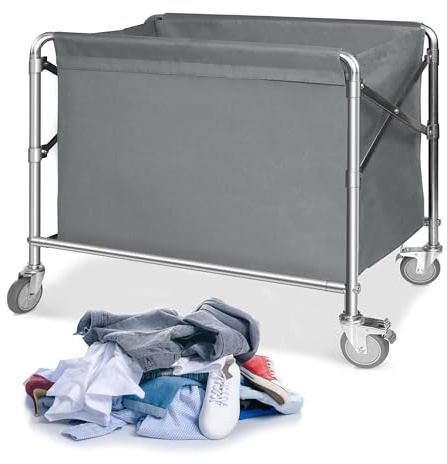bimiti Laundry Trolley Folding Laundry Cart on Wheels Dirty Linen Trolley Hotel Laundry Hampe with Steel Frame and Removable Bags Total Capacity 350L for Washing