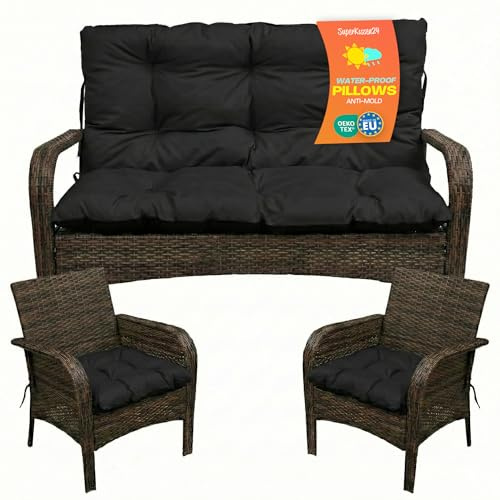SuperKissen24. Coussin Dossier pour Banc de Jardin Canapé - 120x50 cm et Appui 120x60 cm + 2X 45x45 cm Coussin pour Chaise de Jardin - Intérieur/Extérieur – Imperméable - Noir