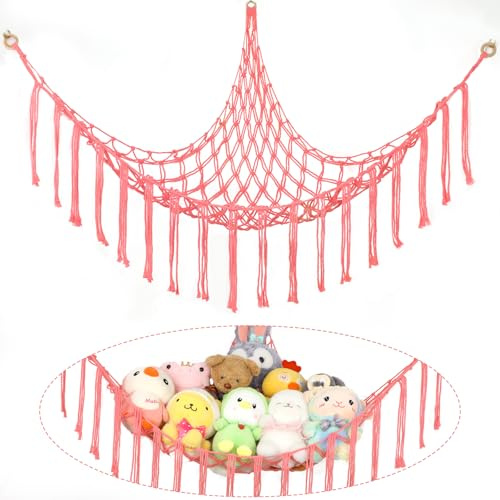 Stuffed Animal Hammock Corner, Hand-knitted Large Plushie Net Toy Hammock with Wooden Rings | Boho Cute Stuff Animal Storage for Nursery & Bedroom | Mesh Kids Toy Organizer Holder Nursery Room Decor
