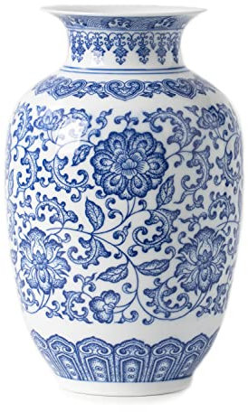 Blå och vit vas dekor, keramisk kinesisk dekorativ vas för hem, kontor, blomvas Pocelain, glansig vas för bord, vardagsrum, bokhylla, spiseleldstad, bordsuppsatser, 23 cm