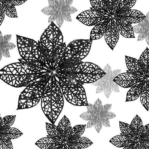Boao 24 stycken glittriga julstjärnor, konstgjorda blommor, julgransprydnader med klämmor, för julkrans, bordsuppsatser, bröllopsfest, blomdekorationer, flera storlekar 7,6/10/15 cm, svart