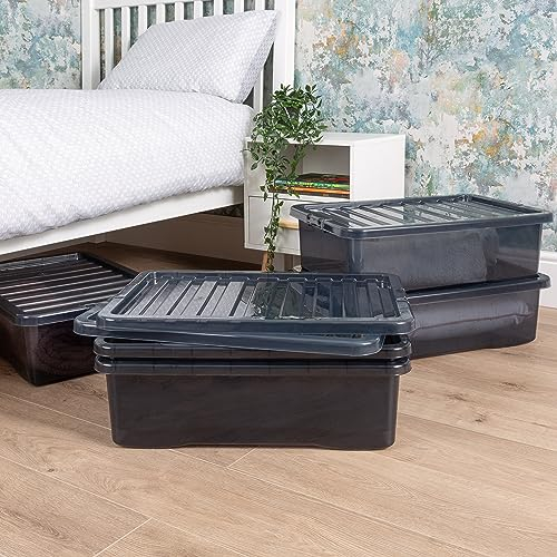 Wham Crystal 5x 32L Plastic Storage Boxes with Lids Tint Smoke (Black). Medium Size, Under Bed Storage, Strong (Pack of 5, 32 Litre). Made in the UK
