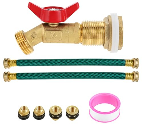 TEENGSE Rain Barrel Spigot Kit, Brass Rain Barrel Quarter Turn Ball Valve, 2PCS Garden Hose, 3/4 Male Brass Bulkhead Fittings