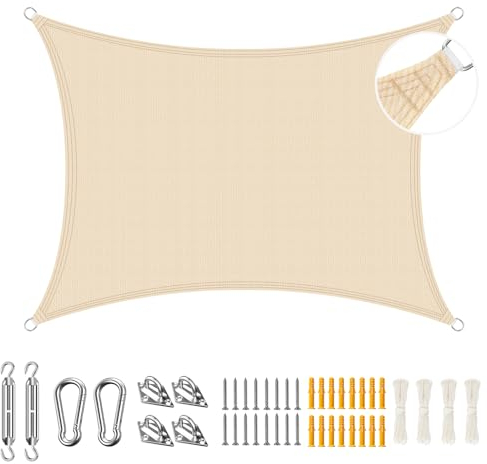 Duerer 3x4m Toldo Vela de Sombra con Juego de Accesorios, Rectangular Toldos Protección UV para Patio,Jardín,Exteriores, Terraza-Crema