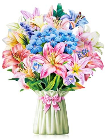Airpark Mothers Day Gifts Card, 3D Pop Up Lilies and Lupines Paper Flower Bouquet Birthday Card, Teacher Appreciation, Wedding, Get Well Gift Cards for Mom Women, Floral Card with Envelope & Note