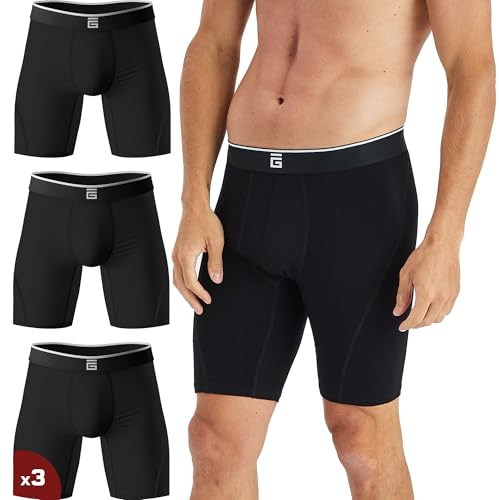 Giovici Boxer Long Homme en Bambou, Anti-frottement et Ultra Rafraîchissants, avec ou sans Baguette, sous-Vêtements évacuant la Transpiration Parfait pour Le Sport (L, Lot de 3, Noir Long)