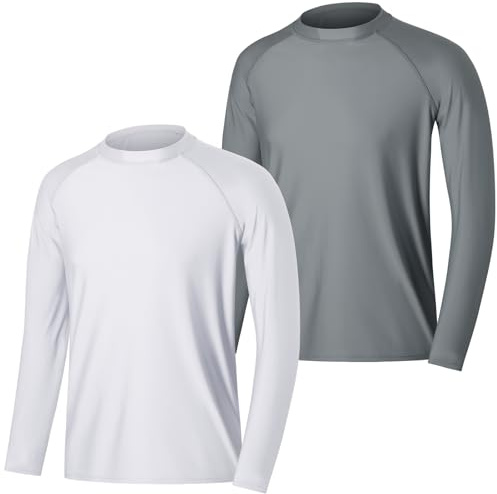 MASOCIO T Shirt Anti UV Homme Tee Shirt à Manche Longue Rashguard UPF 50+ Maillot de Bain Tshirt Hauts Baignade Surf Natation Wakeboard Plage 2 Pièces Taille 3XL Blanc Gris