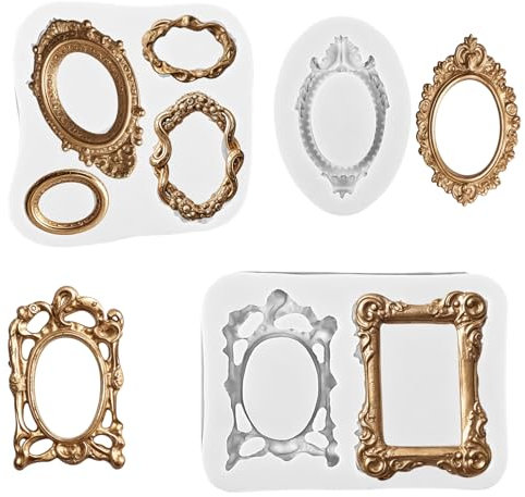 Photo Frame Fondant Molds Baroque Style Picture Frames Silicone Mold Frame Fondant Mold Silicone Fondant Molds for Cake Decorating Cupcake Topper Sugar Gum Paste Chocolate Candy Polymer Clay Set of 3