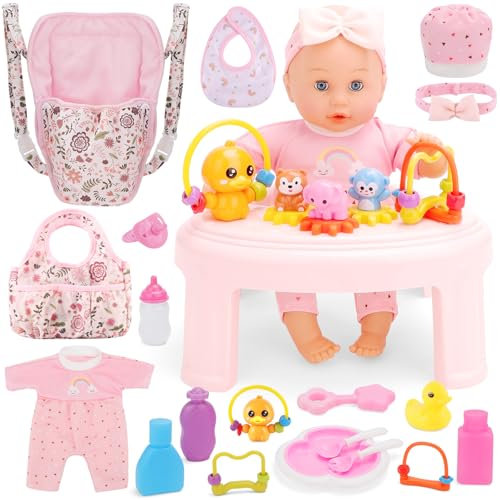 deAO Coffrets De Poupées avec 12 in Poupée, Porte-Bébé pour Poupées, Sac De Transport, Accessoires D’Alimentation Et Table À Manger Et Chaises, Set De Soins pour Poupée