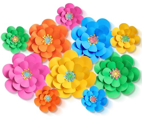 Mooliwe 10 Set Mexican Paper Flowers Decorations for Wall DIY Fiesta Bulletin Board 3D Handcrafted Paper Flowers Backdrop Decoration for Mexican and Holiday Party (Bright)