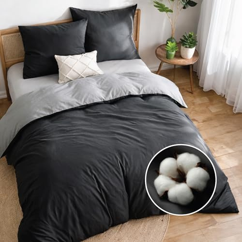Dreamzie Funda nordica Cama 150 Algodon - Funda edredon 200x220 con Cierre + 2 Fundas Almohada 80x80 - Juego de Cama Liso y Reversible - Gris Oscuro