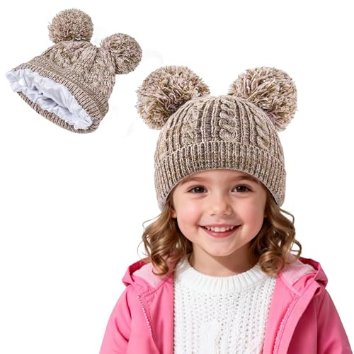 Zando Satin Lined Toddler Winter Hat Warm Kids Beanie Fit Silk Lined Girls Knit Hat Double Pom Pom Baby Boys Children Unisex School Christmas Ski Travel Accessories Two Tone Brown 3-8 Years
