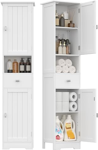 Akxoml Tall Bathroom Storage Cabinet with 2 Doors, 67 H Narrow Floor Cabinet with Adjustable Shelves and Drawer, Anti-Tip Design, 11.8 x 12.6 x 66.9 Inches, for Bathroom, Kitchen，Entryway, White