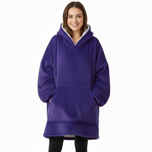 LKH Reversible Sherpa Hoodie – Ultra Soft Oversized Hoodie Blanket for Women & Men – Cozy, Warm, and Stylish with Spacious Pockets, Elastic Cuffs & Full-Length Wearable Blanket (Navy Blue)