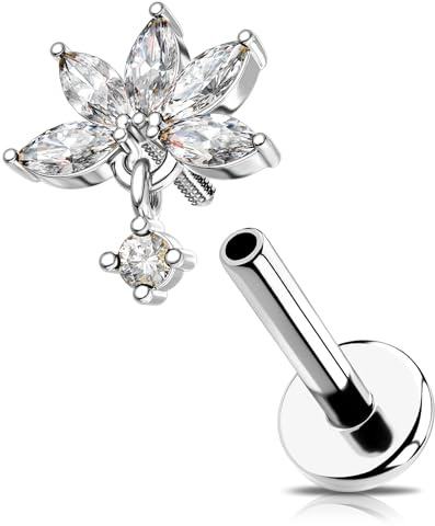 OUFER 16G Lotus Helix Ohrring, Tragus-Piercing mit Innengewinde, Chirurgenstahl 316L, 1,2 mm, mit 5 baumelnden, runden Zirkonia im Marquise-Schliff, silberner Conch-Lippenstecker für Damen 6 mm