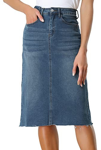 Allegra K Damen Hohe Taille Denim Rock Taschen Knielang Jeansrock Midirock Blau L