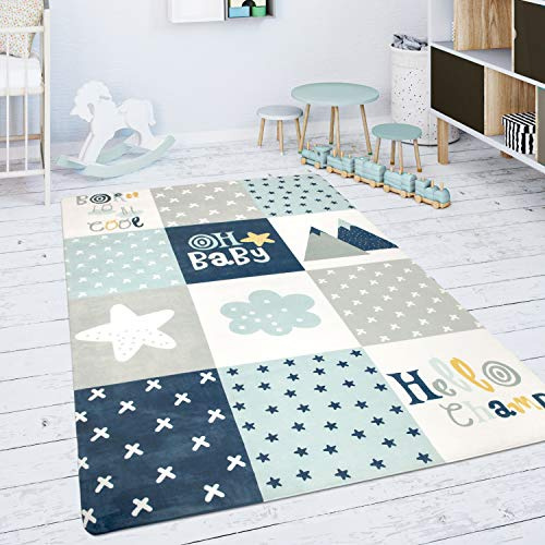 Paco Home Kinderteppich Teppich Kinderzimmer Spielmatte rutschfest Modern Rauten Sterne Grau Blau Weiß, Grösse:155x230 cm