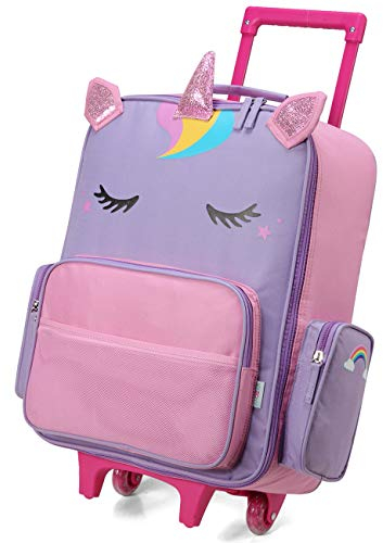 VASCHY Kinderkoffer, Schön Reisekoffer Jungen Handgepäck Koffer Kleinkind Kindergarten Kinder Mädchen Trolley mit Rädern 18 Zoll Rosa Einhorn