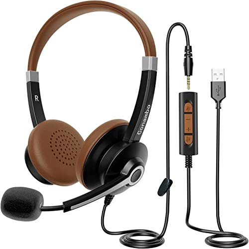 USB Headset with Microphone for PC Laptop, Computer Headset with Microphone, Noise Cancelling, Stereo Sound, Audio Control, 3.5mm/USB A/USB C, 231cm 139.4g, for Business Skype UC Call Center Office