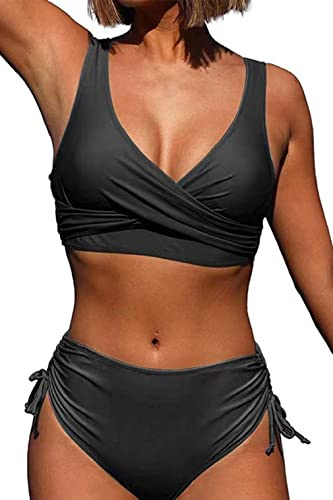 CheChury Bikini Mujer Traje de Baño de Cintura Alta Vintage Cuello en V Push Up Relleno Tops y Lateral con Cordones Braguitas Conjunto de Bikini de Color Sólido