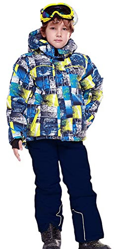 LSERVER Kinder Skianzug Jungen Kapuze Fleece Verdickt Warme Jacke + Skihose Mädchen Winter Winddicht Wasserdicht Outdoor Schneekleidung, Gelbes Oberteil + Dunkelblaue Hose, 116