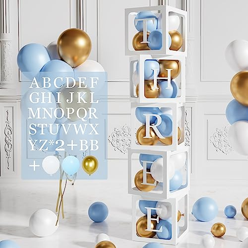 104 Cajas Decoración para Niño, 5 Cajas Globo Azules con Letra, 45 Globos Oro Blanco Azul, Cajas Bebé para Fiesta, Decoración Fiesta Cumpleaños, Nombre Personalizado