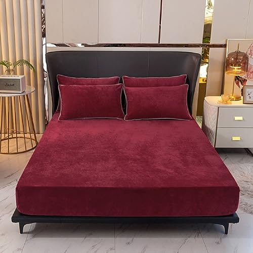 Fleece Spannbettlaken Spannbetttuch Warm Winter 140x200 Rot Weinrot Flausch Cashmere Touch Teddy Plüsch Flanell Kuschelig Flauschig Nicki Velours Bettlaken für Boxspringbett Hohe Matratzen bis 30 cm