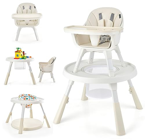 LIFEZEAL Trona de bebés, silla de comer con mesa desmontable para bebés, asiento elevador con múltiples funciones del bebé, trona transformable en mesa y silla, apto de 4 meses a 6 años (Beige)
