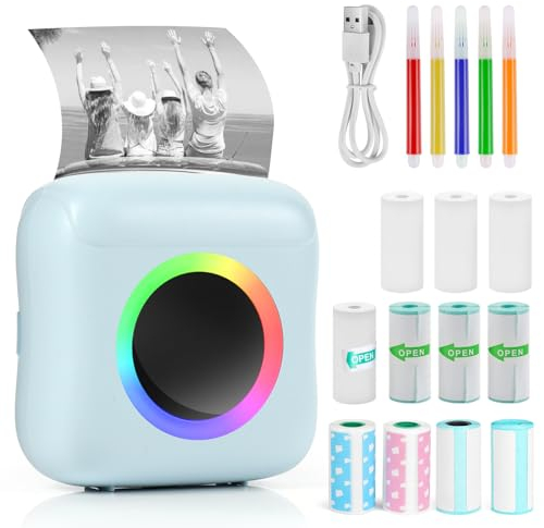GuKKK Mini Drucker, Mobiler Fotodrucker, Tragbarer Mini Fotodrucker, Wireless Fotodrucker Thermodrucker, mit 11 Rollen Druckerpapie und 5 Buntstifte, Smartphone Bluetooth Drucker, für Liste, Journal