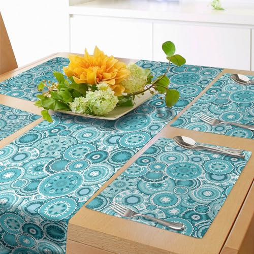 ABAKUHAUS Aqua Tischläufer & 4 Stück Tischsets, Hippie-Blumenblätter-Mandala rundet traditionellen Elementdruck ab, Set für die Tischdekoration, 180 cm x 40 cm, Türkisblaues Weiß
