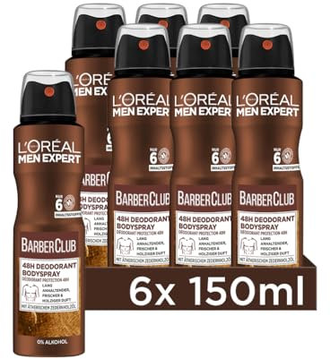 L'Oréal Men Expert 48H Deospray für Männer, Bodyspray gegen Schweißgeruch, Schwitzen und Achselnässe, Herren Deo Antitranspirant mit holzigem Duft und ätherischem Zedernholzöl, Barber Club, 6 x 150 ml