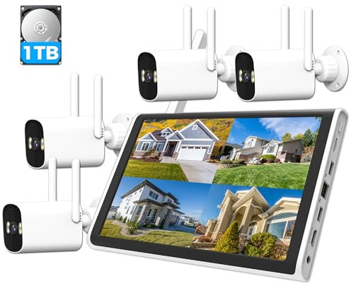ANTELA telecamere di sorveglianza WiFi esterno con monitor 10CH NVR, 4PCS 3MP WiFi Telecamere con audio bidirezionale, visione notturna a colori, display remoto, allarme App&Mail, 1TB HDD incluso